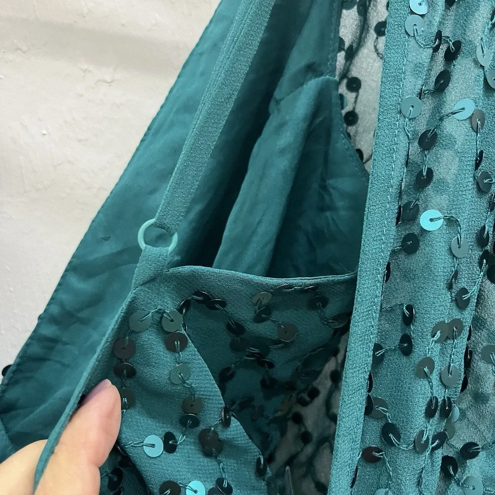 ASOS Sequin Mini Dress Women‎ Size 4 Teal Excellent Deep V-Neck Wrap Cocktail